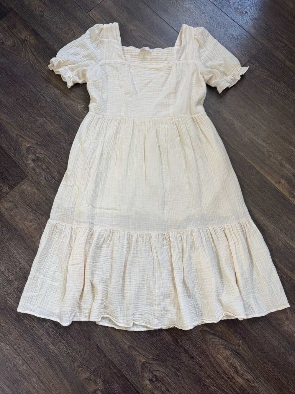 Böhme Cream 100% Cotton Square Neck Puff Sleeve Midi Dress M Smocked - Picture 2 of 7